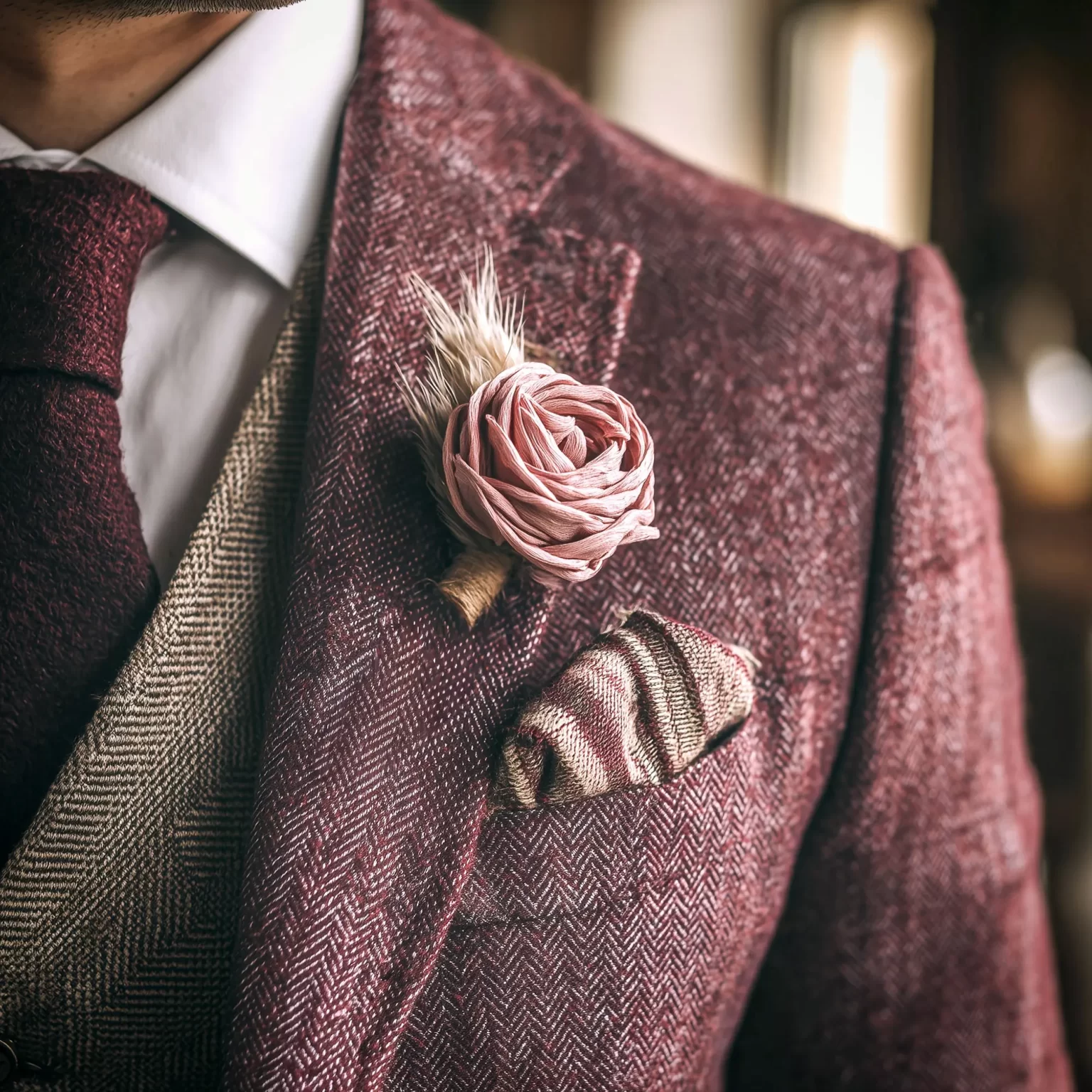 Détail de costume de mariage bordeaux pour homme.