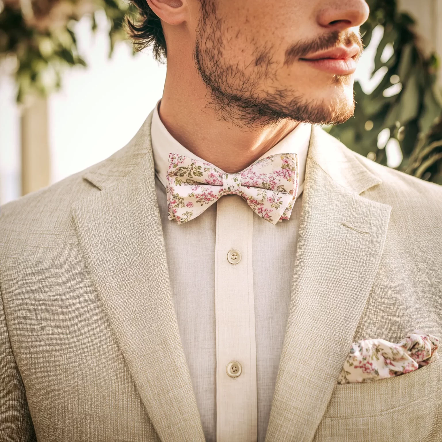 Détail de costume de mariahe beige avec noeud papillon