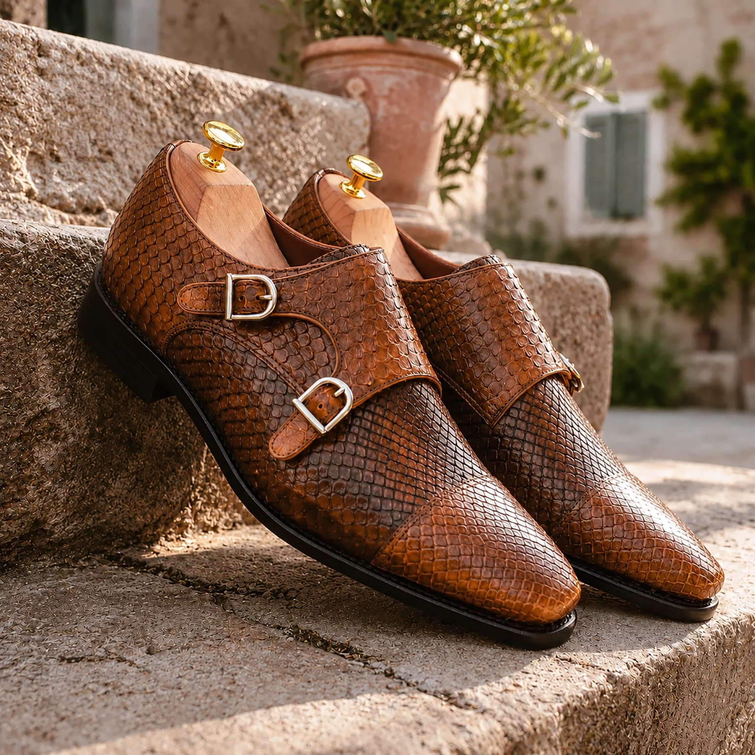 Chaussures homme marron - Double boucle peau de python - CHRIS VON MARTIAL