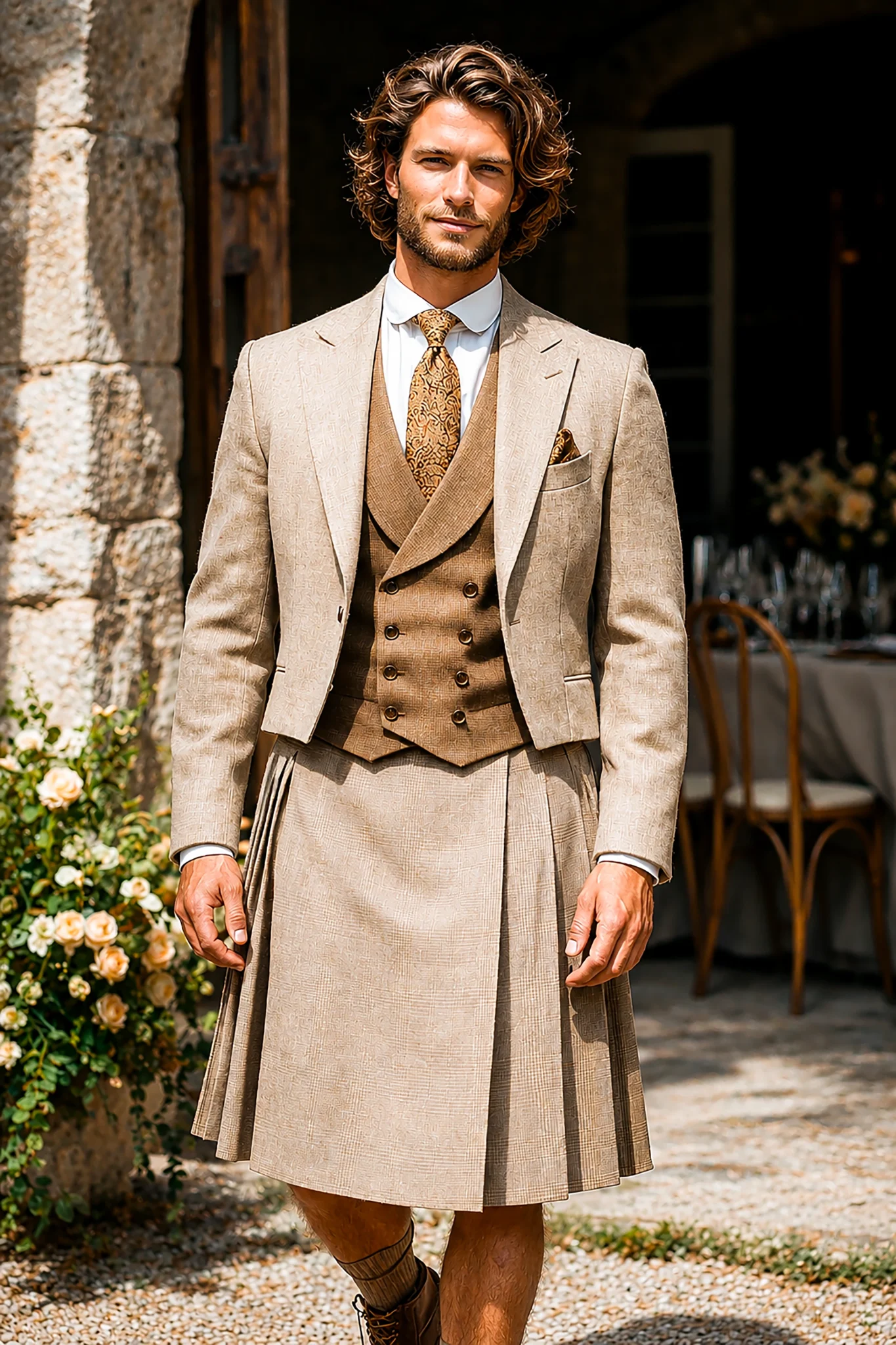 Tenue de mariage beige avec kilt et veste courte façon Spencer - CHRIS VON MARTIAL