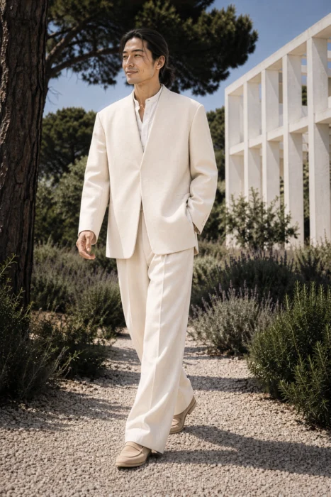 Costume oversize minimaliste blanc perle sur mesure